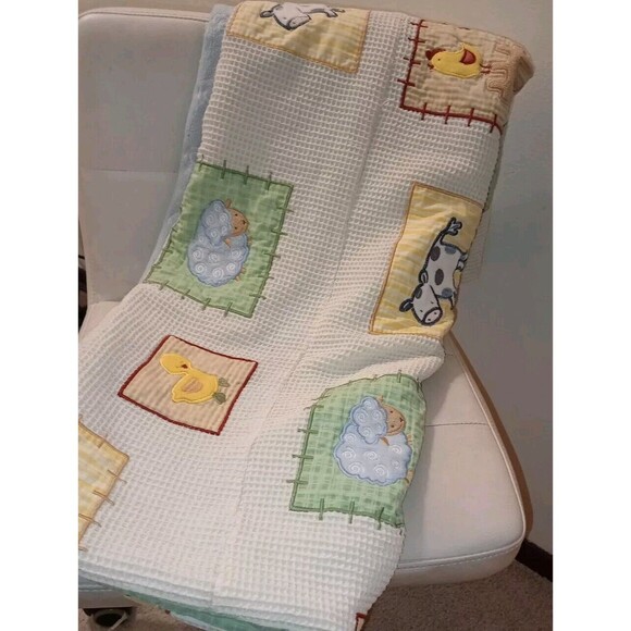 Vintage Handmade Baby Blanket Quilt Farm Animals, Unisex, 53" X 41" Patch, Stamp - Picture 10 of 12